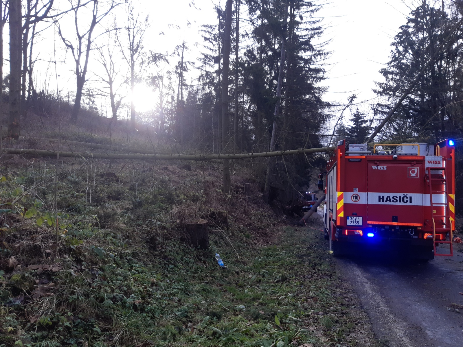013-Vysoký Chlumec-strom spadlý na hasičské auto.jpg