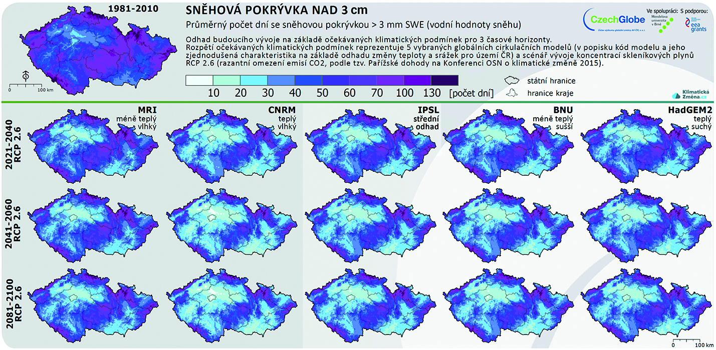 Obr. 7 Ilustrace průměrného počtu dní se sněhovou pokrývkou odpovídající příbližně 3 cm čerstvě napadlého sněhu v ČR podle optimistického scénáře vývoje emisí CO2 s výhledem do roku 2100 (Zdroj dat: Klimatická změna, 2018)