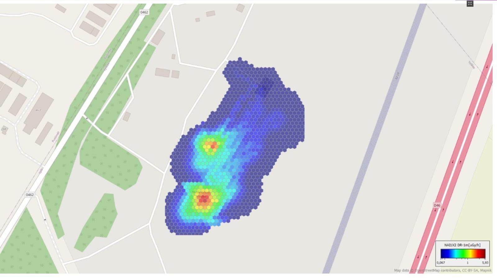 Mapa intenzit dávkového příkonu generovaná v reálném čase programem DRONIC