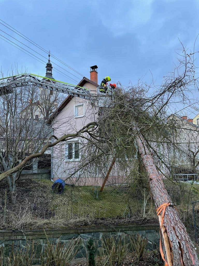 Hasiči ze stanice v Ústí nad Labem odstraňují strom, který spadl na rodinný dům ve Skoroticích.