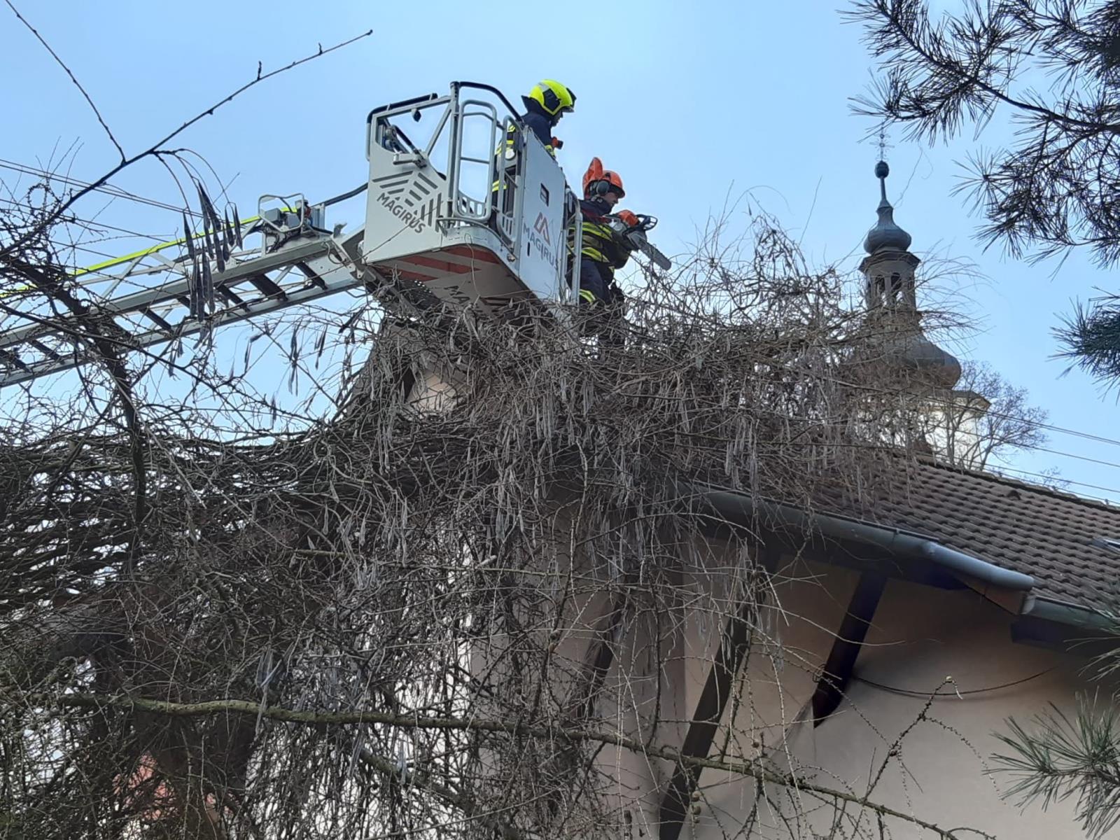 Hasiči ze stanice v Ústí nad Labem odstraňují strom, který spadl na rodinný dům ve Skoroticích.