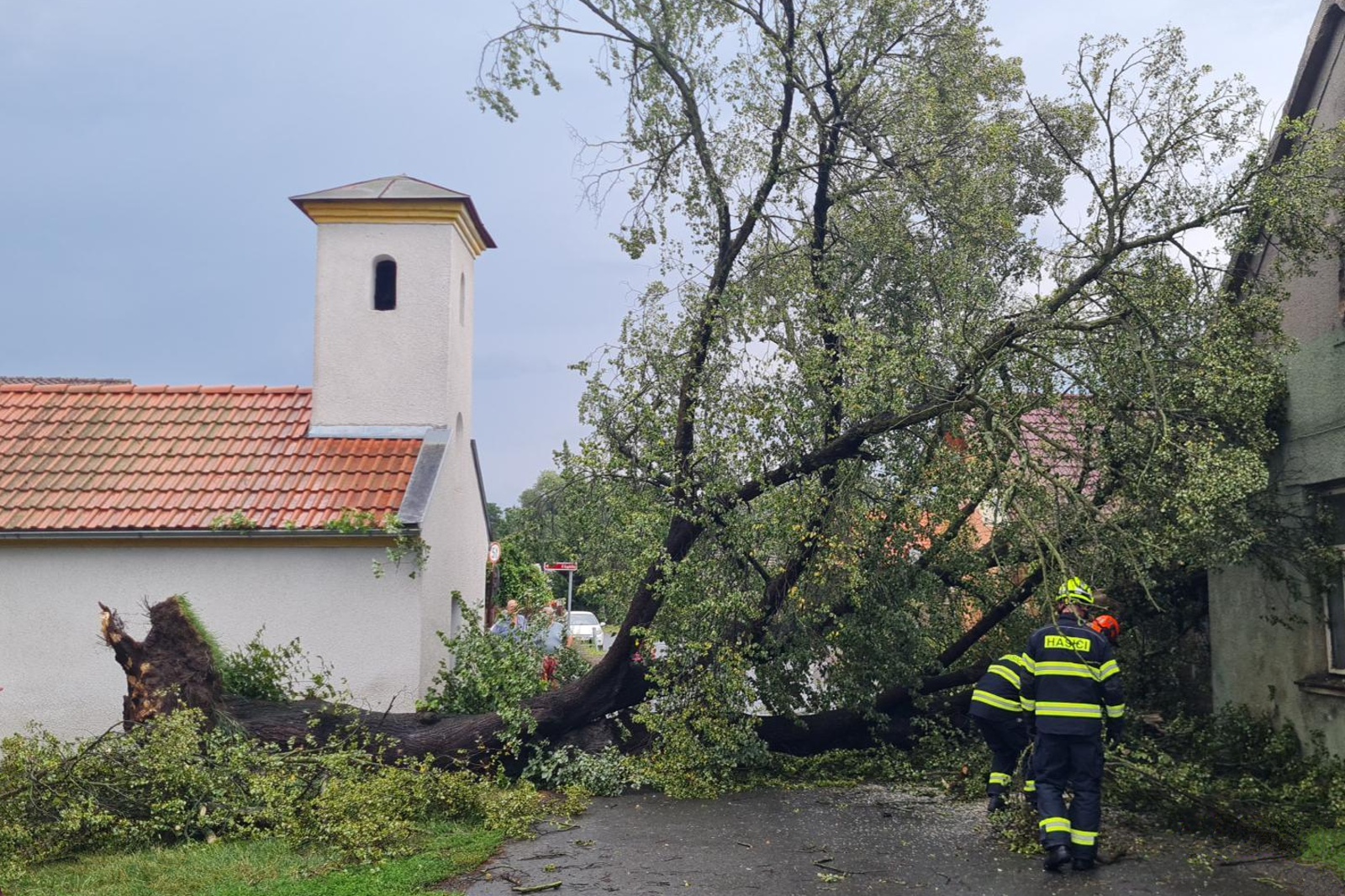 100724-Odstraňování mohutné lípy spadlé při bouřce vedle kapličky ve Všetatské ulici v Chrástu u Tišic na Mělnicku.jpg