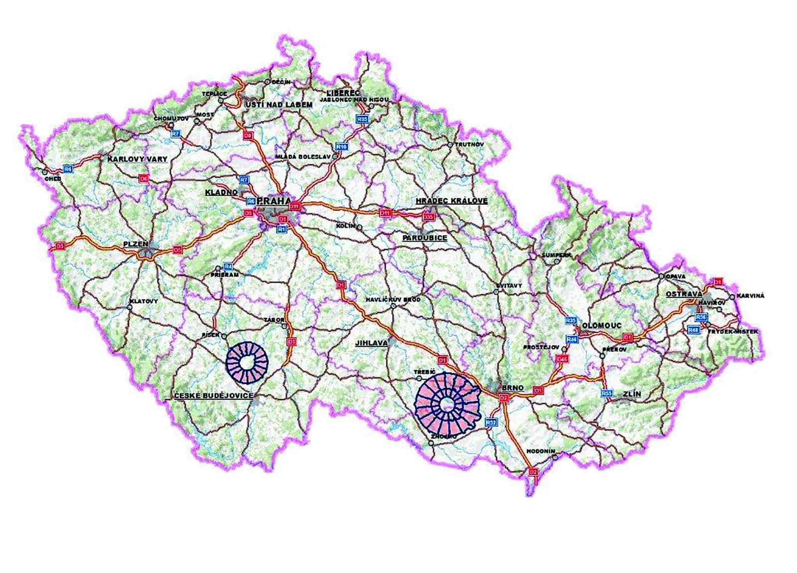 Zóny havarijního plánování jaderné elektrárny Temelín a Dukovany. Pozn.: Zóny stanovil Státní úřad pro jadernou bezpečnost. Jde o prostor v okolí jaderného zařízení, kde se uplatňují požadavky na přípravu ochranných opatření pro obyvatelstvo. Rozdílná velikost byla daná velikosti rizika vyplývajícíz projektu elektrárny - tj. dopadu radiačních následků na okolí při radiační havarii.