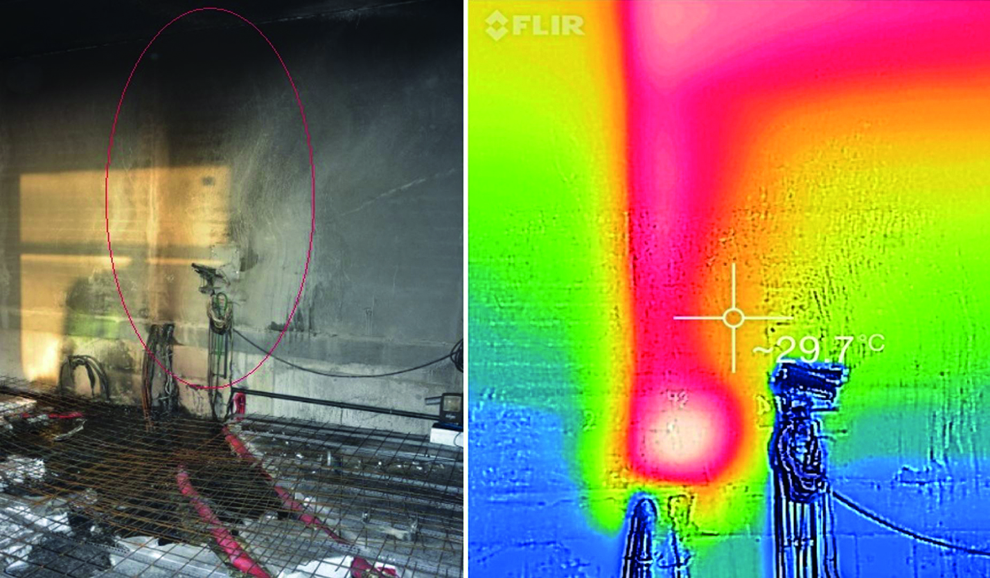 Obr. 8 Termovitní monitoring stěny za místem vzniku požáru - zajištění šíření požáru dutinou ve stěně [7]