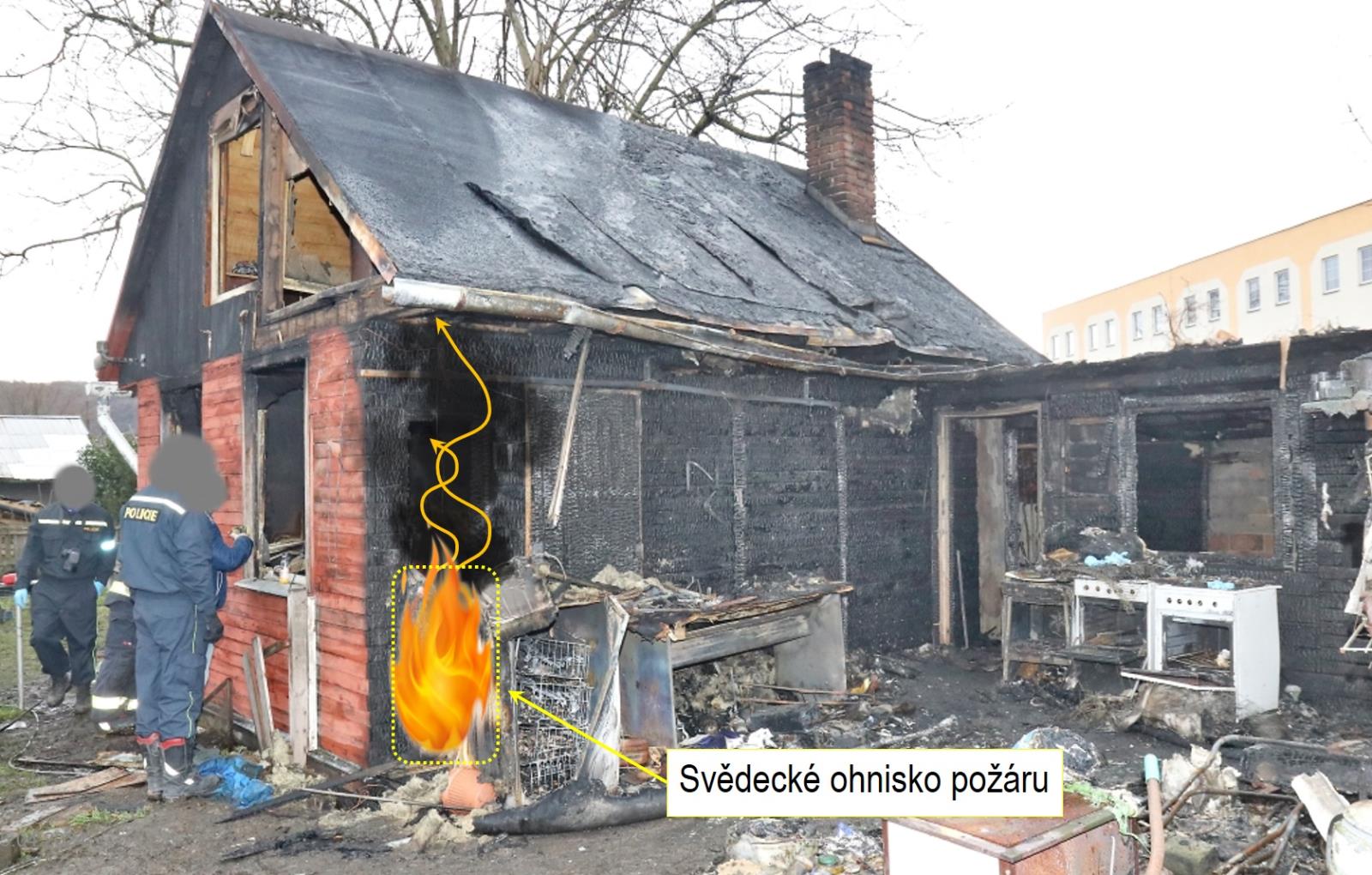 Obr. 1 Pohled na chatu a znázornění oblasti svědeckého ohniska požáru